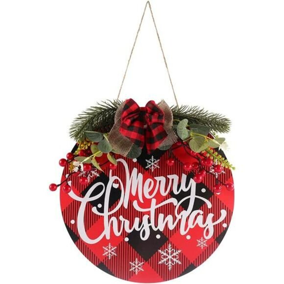 Merry Christmas Wreath, Christmas Sign for Front Door, Buffalo Plaid - Picture 1 of 4